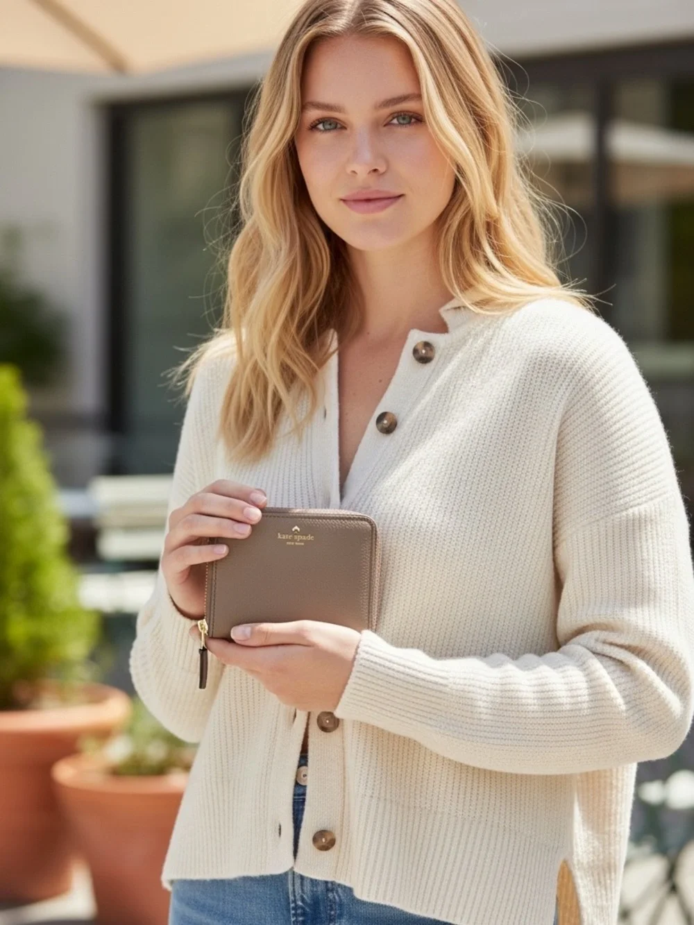 kate spade Taupe Leather Zip Compact Wallet